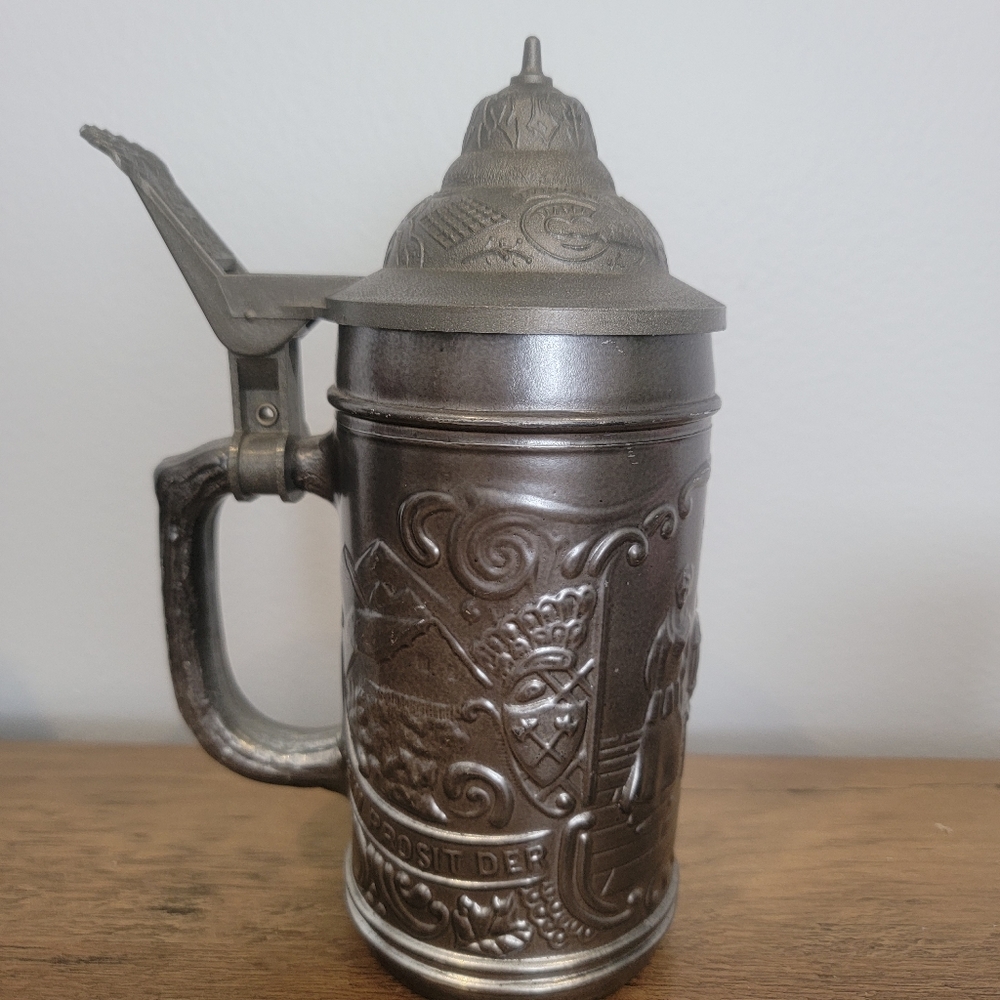 Vintage Germany Glass Beer , Stein Plastic Hinged Lid .